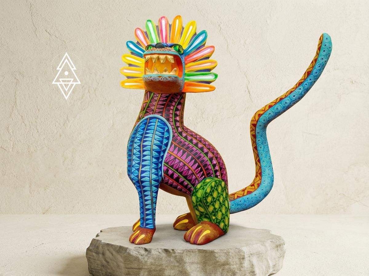 ジャガーのアレブリヘ彫刻、手彫りのオアハカ産木製アート、一点ものの