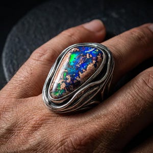67ct Mexican Fire Opal, Blue Galaxy Matrix Opal, 42x25mm Boulder Opal Cabochon, Collector Gemstone image 11