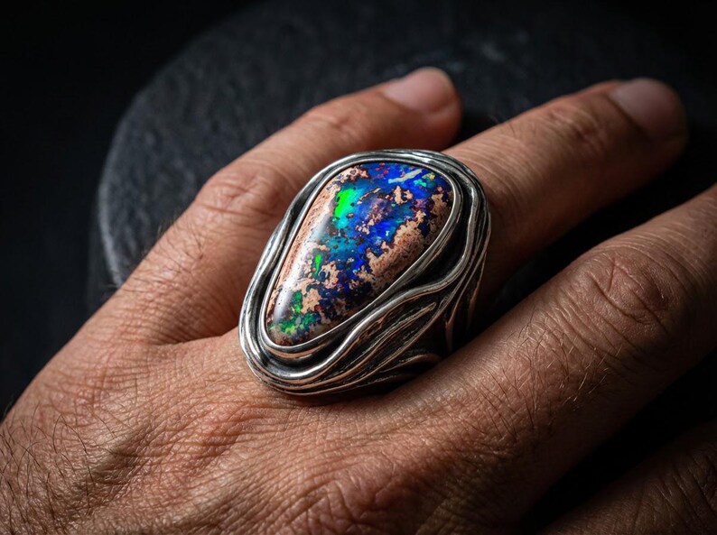 67ct Mexican Fire Opal, Blue Galaxy Matrix Opal, 42x25mm Boulder Opal Cabochon, Collector Gemstone image 11