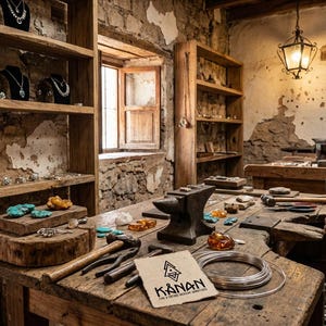 Puede incluir: Un taller de joyería con un banco de trabajo de madera, un yunque de metal, bobinas de hilo de plata, piedras turquesa y piezas de ámbar. Una tarjeta de papel muestra el logotipo KANAN con un símbolo geométrico.