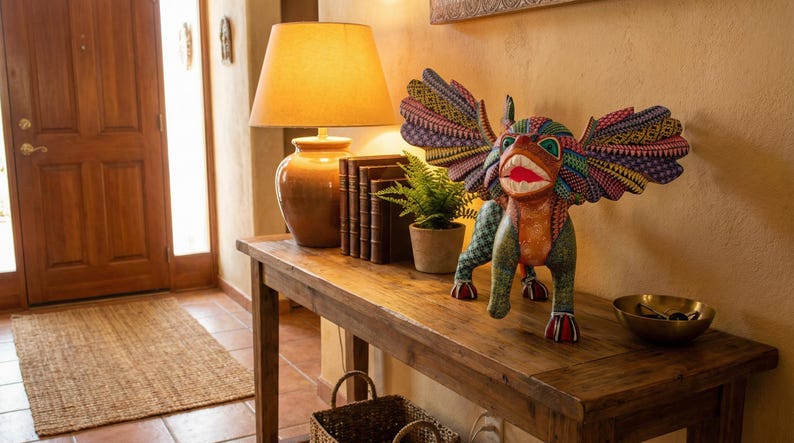 May include: A hand-painted wooden alebrije sculpture featuring a winged creature with a green body, orange chest, and multicoloured geometric patterns on its wings, displayed on a wooden console table next to a lamp, books, and a small potted plant.