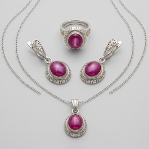 Star Ruby Jewelry Set | Sterling Silver Ring Pendant Earrings Set | Natural Ruby Gift Set for Women