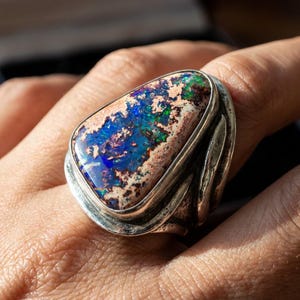 67ct Mexican Fire Opal, Blue Galaxy Matrix Opal, 42x25mm Boulder Opal Cabochon, Collector Gemstone image 4