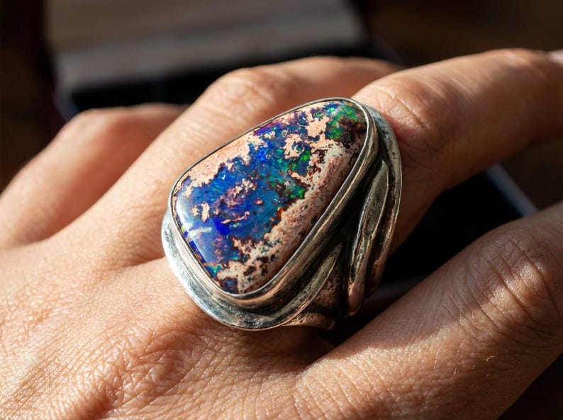 67ct Mexican Fire Opal, Blue Galaxy Matrix Opal, 42x25mm Boulder Opal Cabochon, Collector Gemstone image 4