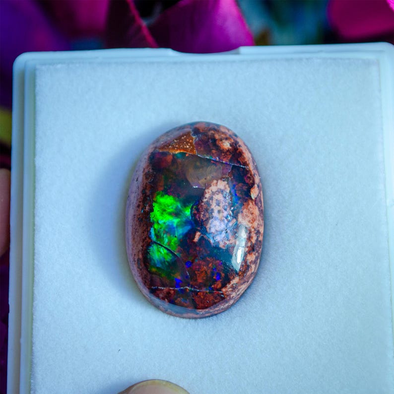 Puede incluir: Primer plano de una piedra preciosa de ópalo ovalada de color marrón oscuro con destellos iridiscentes verdes, azules y morados. El ópalo está colocado en una caja de presentación blanca.