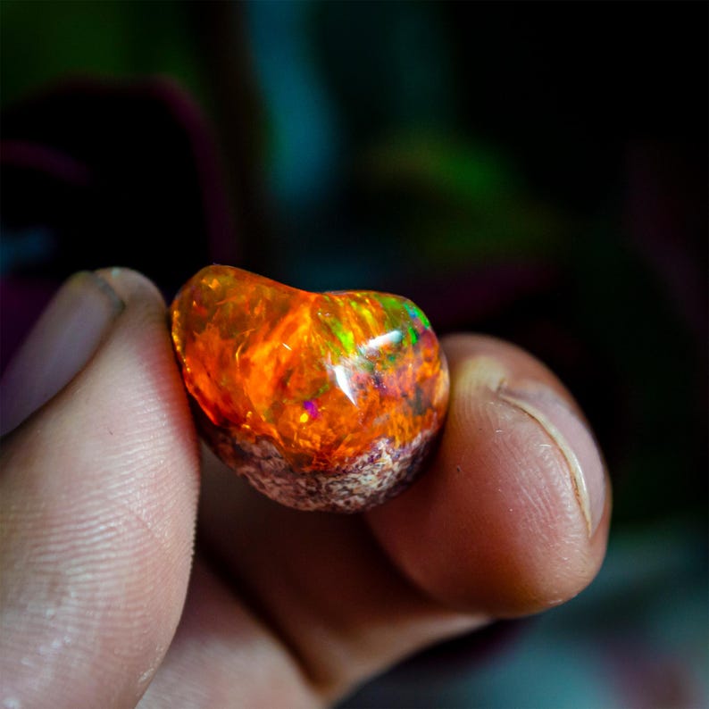 May include: A vibrant, polished opal gemstone, showcasing a spectrum of colors including fiery orange, red, and hints of green and purple. The gemstone is held between fingers, highlighting its natural, irregular shape and unique internal patterns.