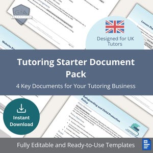 Könnte beinhalten: Ein Dokumentenpaket für Tutoren mit blauem und weißem Design und dem Text "Tutoring Starter Document Pack". Enthält eine Grafik "Designed for UK Tutors" und eine Schaltfläche "Sofort-Download". Das Paket enthält 4 wichtige Dokumente.