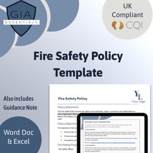 May include: A blue and white document with the title "Fire Safety Policy Template" and a yellow logo with the letter "Y" in the top right corner. The document includes a policy statement, objectives, and guidance notes for creating a fire safety policy.