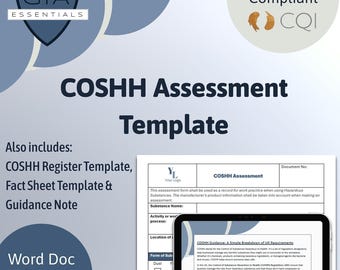 COSHH Assessment Template for UK business, editable Word and Excel Health & Safety document, HSE Compliant, Hazardous Substances Assessment