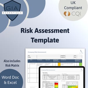 May include: A document titled "Company Risk Assessment" with a table for identifying and assessing risks. The document includes columns for hazard, risk and impact, parties at risk, initial risk rating, control measures, and residual risk rating. The document also includes a risk matrix with a colour-coded scale for risk levels.