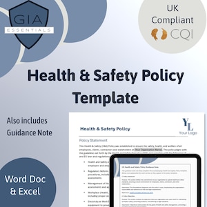 May include: A blue and white document with the text "Health & Safety Policy Template" in black. The document includes a section titled "Policy Statement" and a section titled "UK Health and Safety Policy Guidance Note". The document also includes a logo with the letters "YL" in a yellow circle.