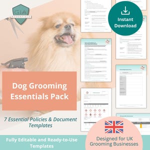 Dokumentpaket om grundläggande hundvård i Storbritannien, redigerbara mallar för hundfrisörer, COSHH, riskbedömning, GDPR, djurskydd, infektionskontroll