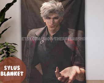 May include: A rectangular throw blanket featuring a digital illustration of a character with short, light-colored hair, wearing a dark suit jacket over a black shirt. The character has a hand extended forward. The text ETSY.COM/SHOP/CHERRYLABSHOP is visible.
