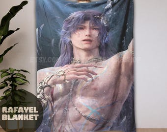 May include: A rectangular throw blanket featuring a digital illustration of a person with long lavender hair, adorned with intricate silver jewelry and blue glowing markings on their chest, surrounded by water splashes and bubbles.