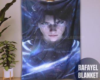 May include: A large, dark blue blanket featuring a detailed digital illustration of a person with blue eyes and long hair. The blanket has a glowing blue design and the text "RAFAYEL BLANKET" in a white circle.