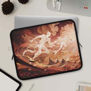 May include: Black laptop sleeve featuring a fantasy illustration of two figures running through a fiery landscape. The artwork includes a castle silhouette and a winged figure. The sleeve has a black zipper and trim.