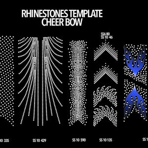 May include: Black background with rhinestone templates for cheer bows. The text "RHINESTONES TEMPLATE CHEER BOW" is at the top. Various designs include arrows, lines, and flame shapes, all made of small, sparkling rhinestones. Each design is labeled with a size code.