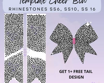 May include: A digital design template for a cheer bow with rhinestones. The design includes a bow and two tail designs, all covered in a pattern of black and white dots. The text on the image reads "Template Cheer Bow" and "Get 1+ Free Tail Design."