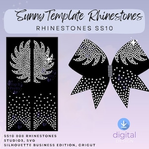 Puede incluir: Diseño digital con plantillas de pedrería. La imagen muestra un lazo negro con detalles de pedrería blanca y un diseño en forma de pluma. El texto incluye "Sunny Template Rhinestones" y "Rhinestones SS10". Compatible con Silhouette Business Edition y Cricut.