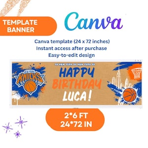 May include: A rectangular digital banner template measuring 24 by 72 inches with a basketball theme. The design features the New York Knicks logo, a basketball, a city skyline, and the text GO NEW YORK GO HAPPY BIRTHDAY LUCA! in blue and orange.
