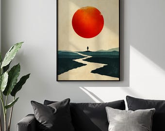 Japanese Red Sun Poster: Vintage Willow Tree Print (digital