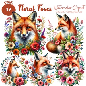 Floral Fox Clipart 12 PNG Watercolor Flower Fox Clipart Cute Fox PNG Floral Baby Shower Nursery Art Cute Fox Digital Download Commercial Use