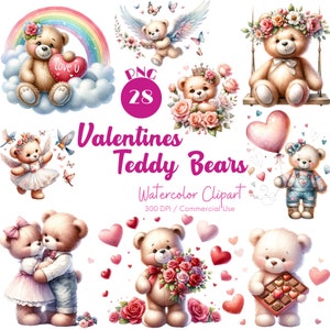 Valentines Teddy Bear Clipart 28 PNG Watercolor Cute Love Bear Clipart Boho Romantic Illustrations Printable Digital Download Commercial Use