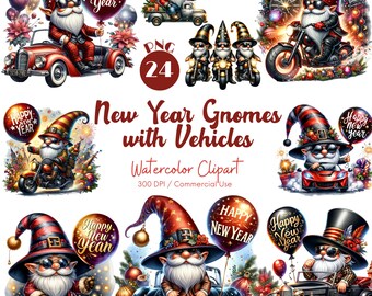 New Year Gnomes Clipart: Watercolor Festive Vehicle Illustrations 24 PNG (Digital Download)
