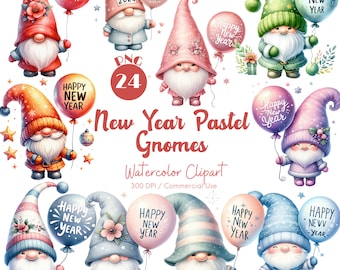 Neujahr Pastell Wichtel Clipart 24 PNG Pastell Neujahr Wichtel Frohes neues Jahr Festliche Gnom Illustrationen Urlaub Clipart Digital Download