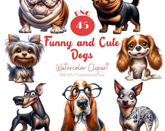 Watercolor Funny Dogs Clipart: 45 PNG Whimsical Art (Digital Download)