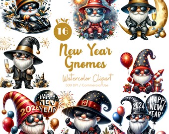 May include: A set of ten digital watercolour clipart images of gnomes dressed in festive attire for New Year's Eve. The gnomes are wearing hats, sunglasses, and suits. Some are holding champagne flutes, sparklers, and balloons with New Year's greetings.