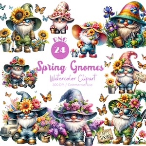 Spring Gnomes Clipart 24 PNG Watercolor Cute Holiday Gnome Illustrations Spring Easter Clipart Spring Gnome Flower Gnome Digital Download
