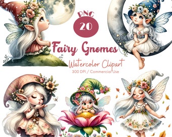 May include: A set of 20 watercolor clipart images featuring fairy gnomes. The gnomes are depicted with wings, flowers, and whimsical expressions. They are wearing various outfits and accessories, including hats, dresses, and jewelry. The gnomes are set against a white background.