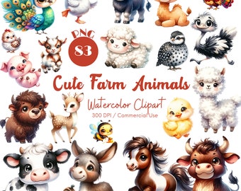 Watercolor Farm Animals Clipart, 83 PNG Nursery Art (Digital Download)