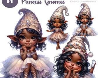 Watercolor African American Princess Gnome Clipart 14 PNG (Digital Download)