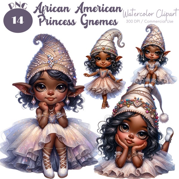 African American Princess Gnomes Clipart 14 PNG Watercolor Princess Gnome PNG African American Gnome Clipart Gnome Girl PNG Digital Download