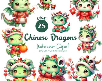 Watercolor Chinese Dragons Clipart: Lunar New Year 28 PNG (Digital Download)