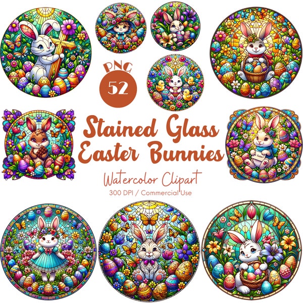 Stained Glass Easter Bunnies Clipart 52 PNG Stained Glass Easter Bunny Clipart Unique Rabbit Illustrations Easter Elements Digital Download