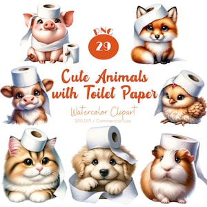 Cute Animals with Toilet Paper Clipart 29 PNG Watercolor Animals Toilet Paper Clipart Funny Toilet Animal PNG Nursery Art Digital Download