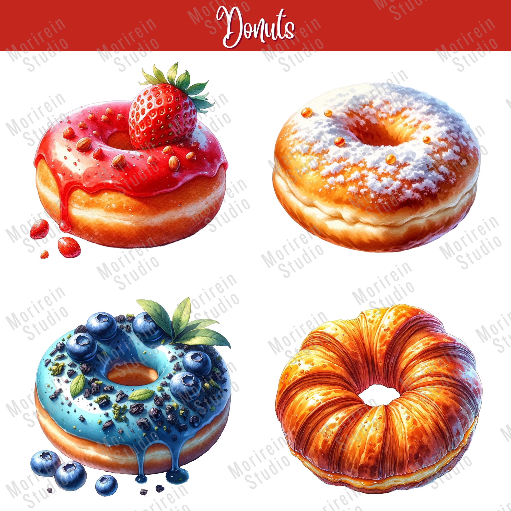 Watercolor Donuts Clipart: 24 PNG Sweet Dessert Graphics (digital ...