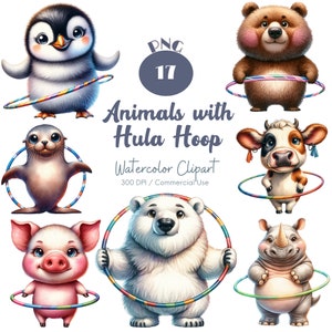 Animals with Hula Hoop Clipart 17 PNG Watercolor Animals Hula Hoop PNG Funny Cute Animals Hula Hoop Baby Shower Nursery Art Digital Download