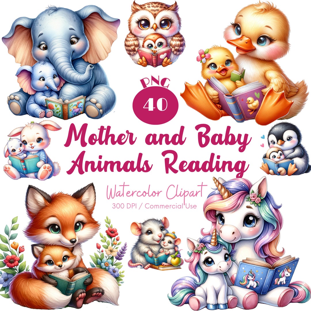 Mama and Baby Animals Clipart 40 PNG Watercolor Mother and Baby Animals ...