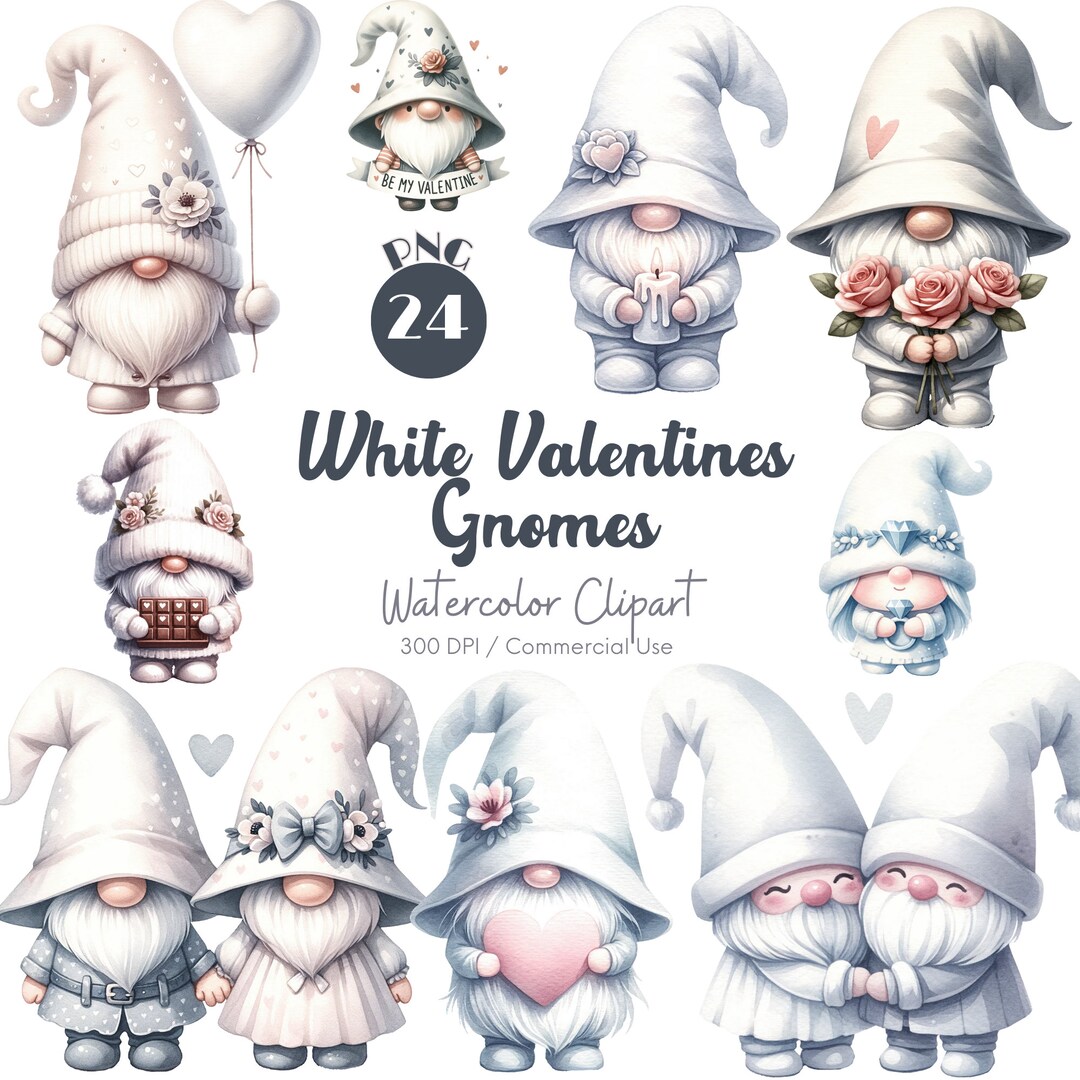 White Valentine Gnomes Clipart: 24 PNG Watercolor Illustrations ...