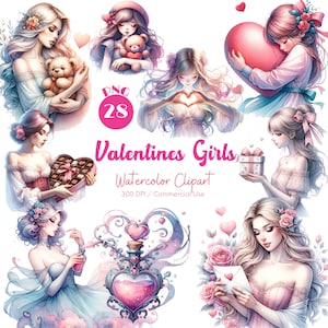 Valentines Girls Clipart 28 PNG Watercolor Festive Girls Clipart Cute Valentines Day Illustrations Love themed Art Girl PNG Digital Download