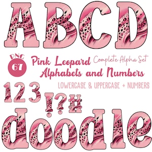 Pink Leopard Alpha Doodle Bundle 67 PNG Pink Leopard Alphabets and Numbers Leopard Doodle Font PNG Letters For Sublimation Digital Download