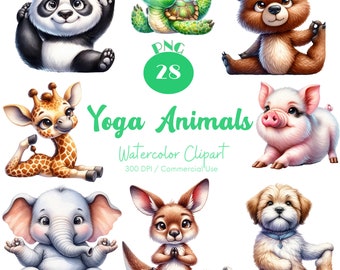 May include: A set of 8 watercolor illustrations of cute animals doing yoga poses. The animals include a panda, turtle, bear, giraffe, pig, elephant, kangaroo, and dog. The illustrations are perfect for use in children's books, greeting cards, or other creative projects.