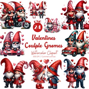 Valentines Couple Gnomes Clipart 24 PNG Watercolor Festive Gnome Clipart Fantasy Love Gnome Valentines Day Illustration Digital Download