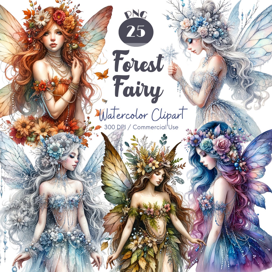 Watercolor Forest Fairy Clipart: 25 PNG Fantasy Art PNG (digital ...