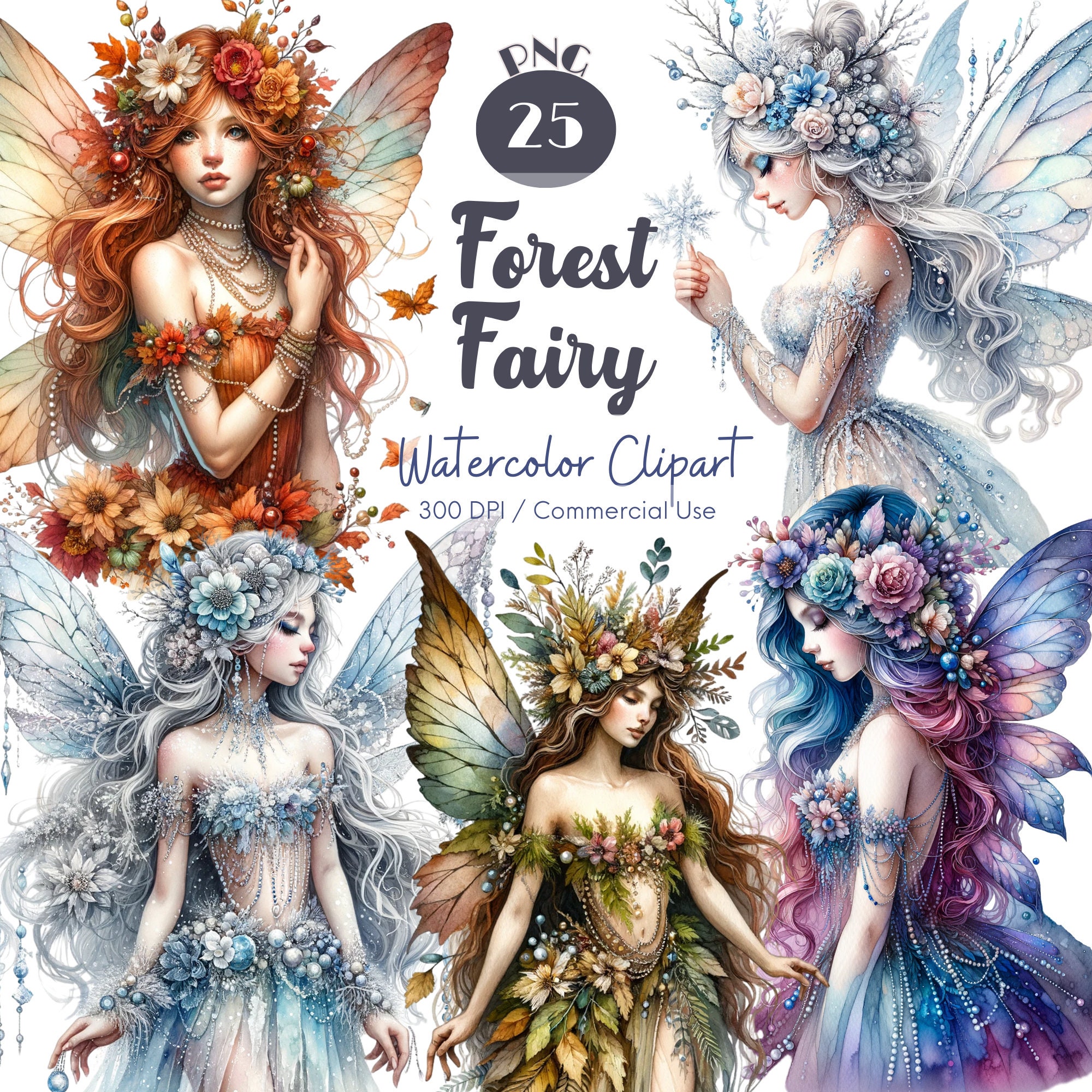 Watercolor Forest Fairy Clipart: 25 PNG Fantasy Art PNG (digital ...