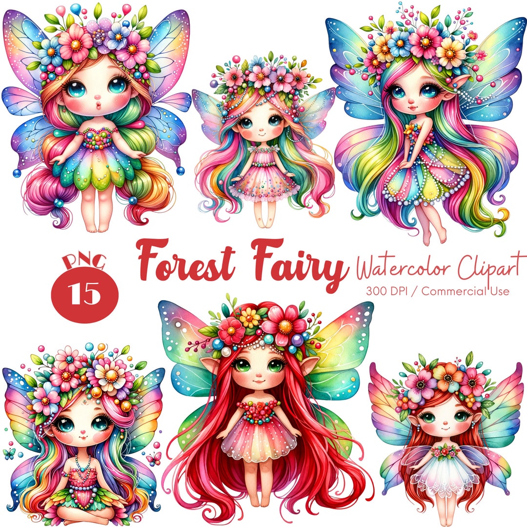 Watercolor Forest Fairy Clipart: 15 PNG Fantasy Art PNG (digital ...